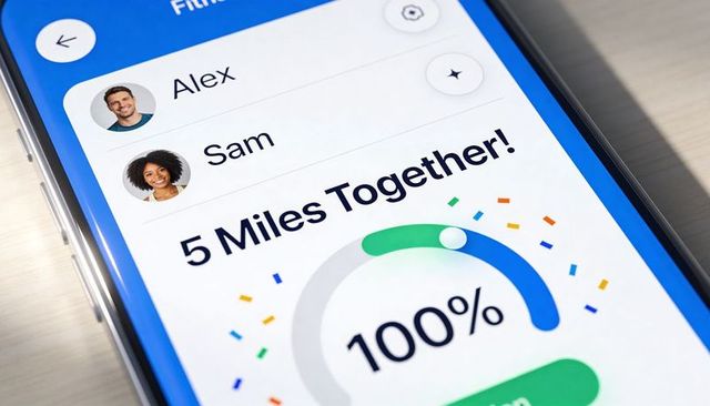 Celebrating 5-Mile Fitness Goal Together on Mobile App with 100% Progress Ring and Avatars