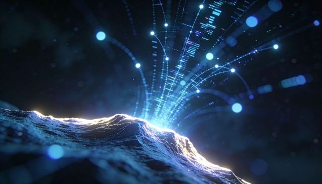 Neon data ridge radiating particle streams and node network over digital terrain bokeh