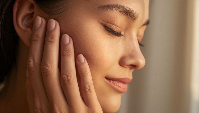 Smiling woman resting hand on cheek in warm natural light, closeup skincare portrait