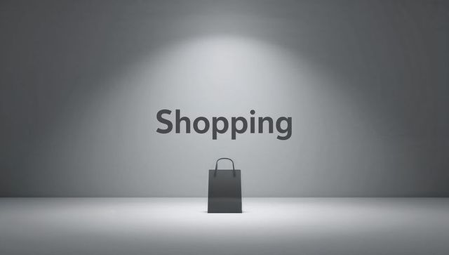 Minimal monochrome shopping bag under spotlight with 'shopping' typography — e-commerce product disp