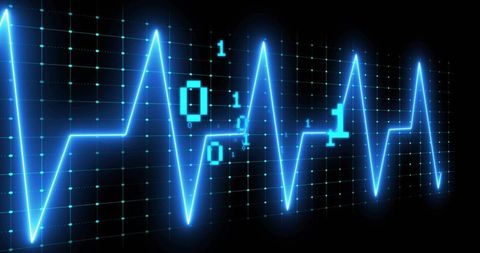 Futuristic Neon Blue EKG Waveform with Binary Overlay