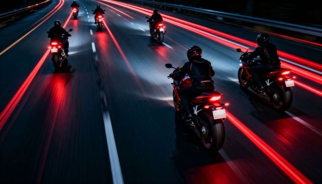 Cruising night highway on sportbikes in group riding formation with red light trails