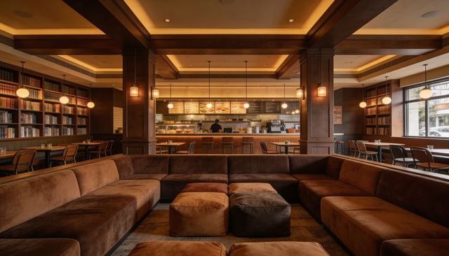 Cozy library cafe lounge featuring large u-shaped sofa and ottomans with wood interiors