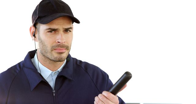 A middle-aged Caucasian man in a security guard uniform is holding a walkie-talkie, with copy space. His focused expression suggests he is attentively listening to a communication or preparing to respond.