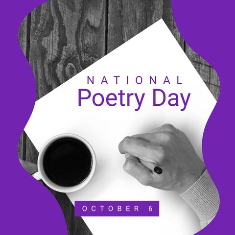 National Poetry Day Celebration with Writing Hand and Coffee Mug - Download Free Stock Templates Pikwizard.com