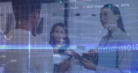 Diverse Female Team Collaborating with Financial Data Overlay