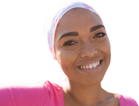 Close-up of Smiling Woman in Pink with Transparent Mantra Scarf