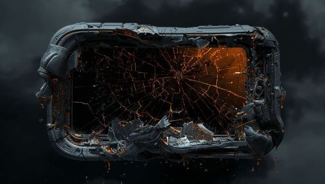 Molten cyber panel shattering with ember veins and dripping metallic debris in dark void