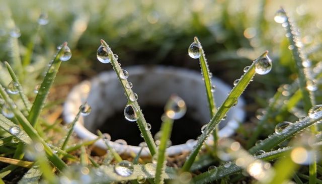 Dew-covered grass blades catching morning light around sprinkler collar macro bokeh