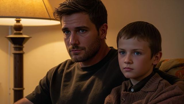 Father and son sharing quiet evening on couch under warm lamp light