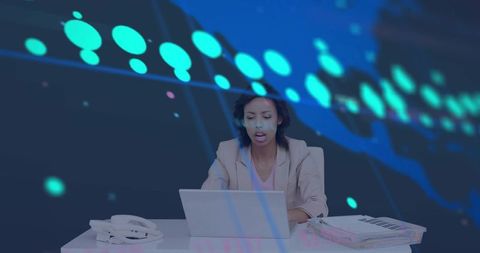 Businesswoman reacting during virtual meeting with dynamic data visualization overlay