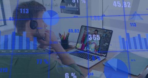 Remote worker wearing headset studying on laptop with analytics overlays and charts