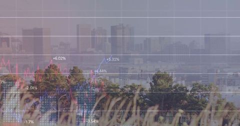 Urban greenspace blending with financial charts overlaying skyline, showing market trends