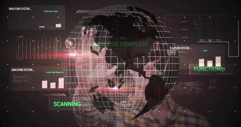 Rotating 3d wireframe globe with futuristic hud overlays scanning digital interface analytics