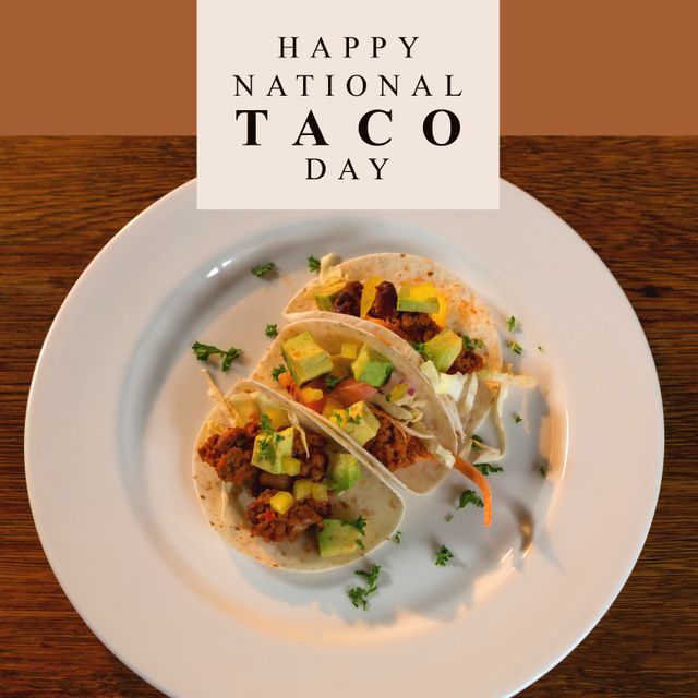 Arrangement featuring tacos filled with minced meat, avocado, and vegetables on a white plate. Ideal for promoting National Taco Day, Mexican cuisine, food blogs, restaurant specials, and festive events.