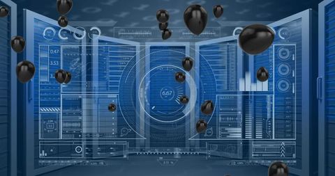 Black balloons over digital servers representing advanced network technology