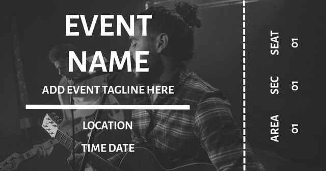 This template design is perfect for promoting live guitar concerts. The design prominently features space for event name, location, time, date, section, seat, and area information, making it ideal for ticket creation and event advertisements. It can be used by concert organizers, music venues, and promotional events planners to attract audience.