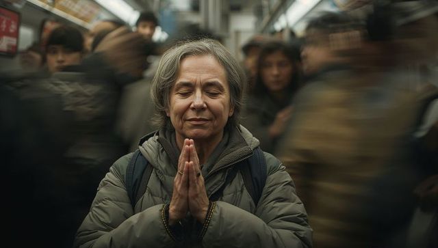 Praying senior woman pressing hands together in crowded subway car, mindful urban commuter