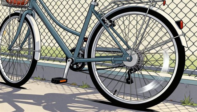 Leaning blue-gray bicycle showing chain and white fenders casting strong urban shadows