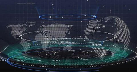 Projecting holographic 3d world map and globe with futuristic hud rings and neon interface