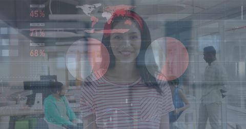 Financial Data Superimposed over Businesswoman in Modern Office