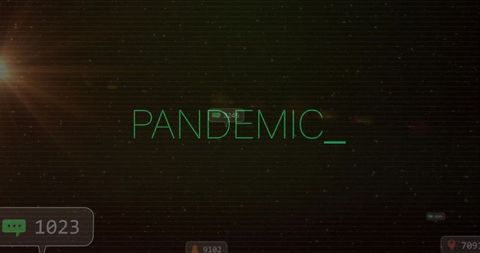 Neon PANDEMIC_ terminal glitch on retro CRT screen with scanlines and lensflare