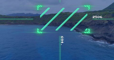 Aerial hud surveying coastal bay with green futuristic overlay and numeric readouts
