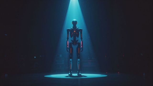 Humanoid robot under spotlight in test chamber
