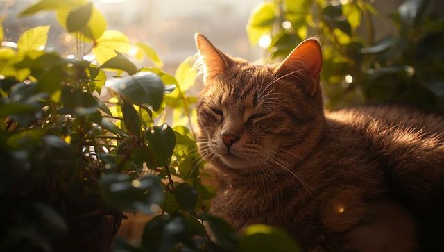 Tabby Cat Lounging on Sunlit Windowsill with Lush Houseplants and Golden-Hour Glow