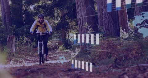 Cyclist Adventures through Pine Trail with Futuristic HUD Overlay