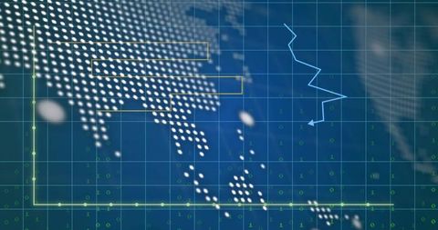 Dotted north america digital map on blue grid with analytics overlay and binary code