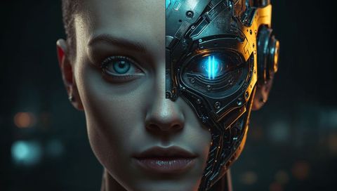 Futuristic Female Cyborg with Biomechanical Features in Dark Lab