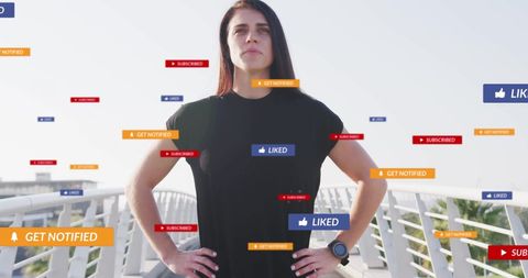 Woman Standing Among Social Media Notifications on Bridge