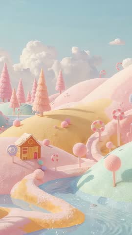 Vertical video panning through pastel candyland with gingerbread cottage and stream