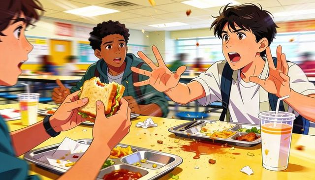 High school cafeteria chaos reaching asian teen reacting to spilled lunch tray and friends