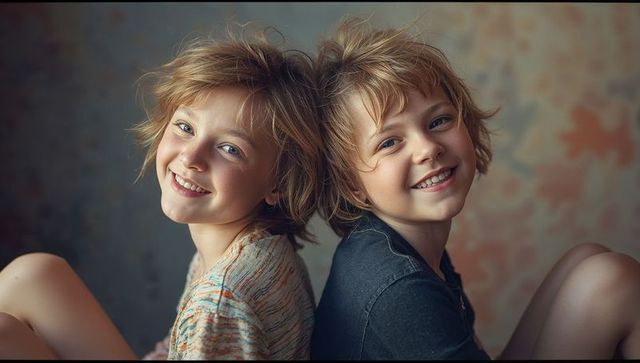 Cheerful siblings leaning back-to-back sharing moment