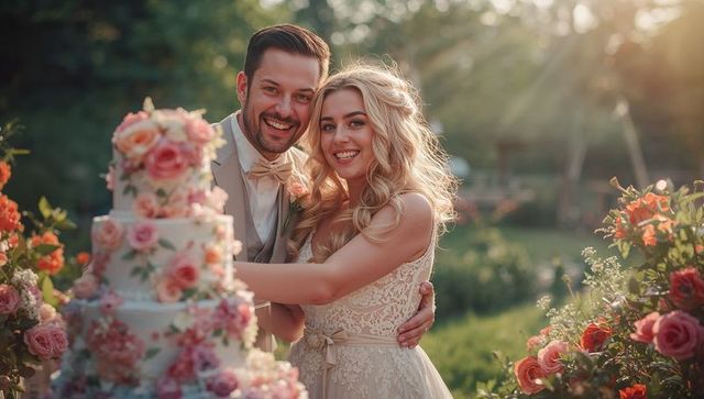 Joyful Bride and Groom Cutting Wedding Cake in Garden Setting