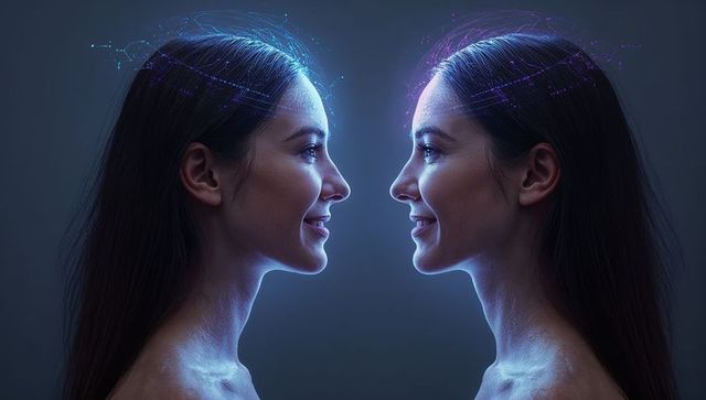 Facing twin female profiles with blue and purple neural overlays representing ai connection