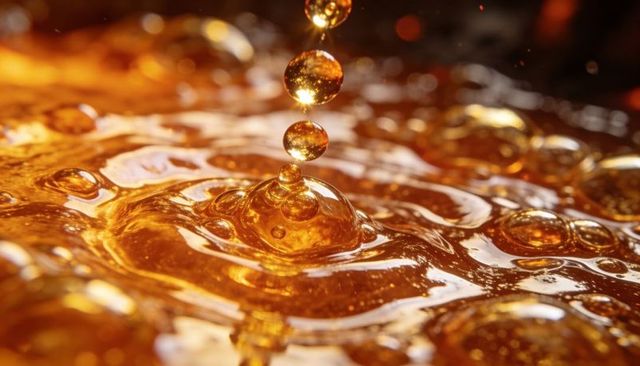 Golden syrup droplets forming crown splash with glossy ripples and luminous amber macro