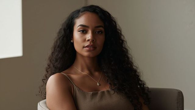 Elegant woman with long curly hair sitting in minimalist interior wearing gold pendant