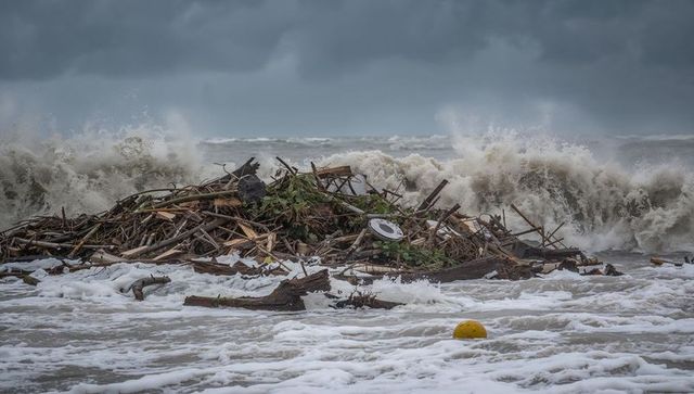 Stormy seas with driftwood and debris amidst rolling waves