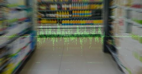 Augmented data waveform overlaying supermarket aisle for retail analytics and stock monitoring