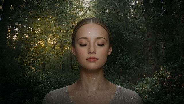 Mindfulness in nature: young woman meditating in forest serenity