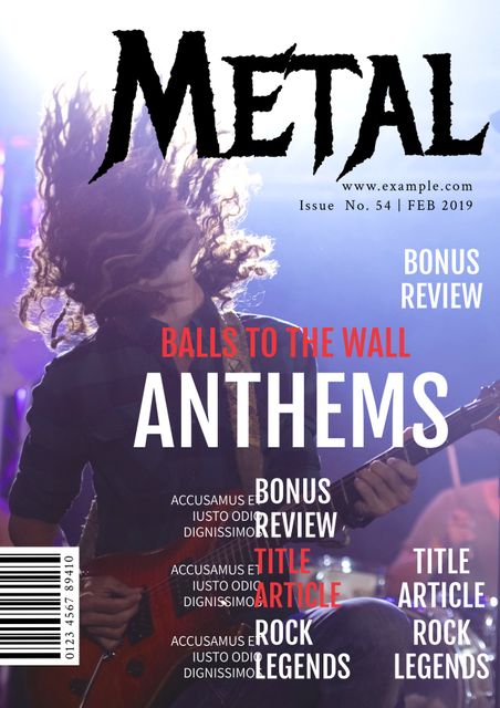 Promoting a music magazine, the image captures a guitarist in mid-performance, evoking the raw energy of a metal concert. Ideal for event posters or articles on rock culture, it resonates with fans of live music.