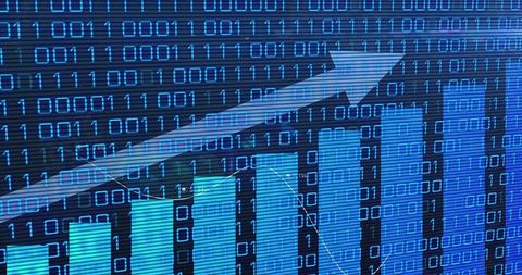 Digital data growth visualization with ascending bar chart, binary code overlay, arrow
