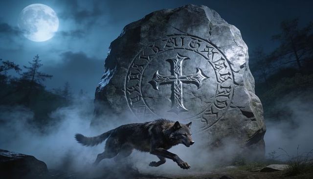 Moonlit wolf sprinting past rune-carved monolith through misty forest clearing at night