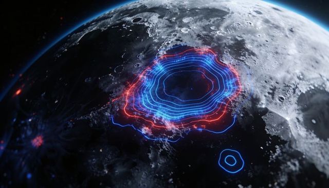 Neon topographic hologram mapping of lunar impact basin with glowing contour rings