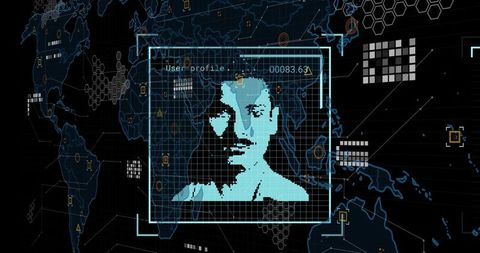 abstract data processing with digital face on world map - Download Free Stock Images Pikwizard.com