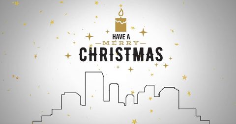 Merry christmas wish with candle and city skyline on white