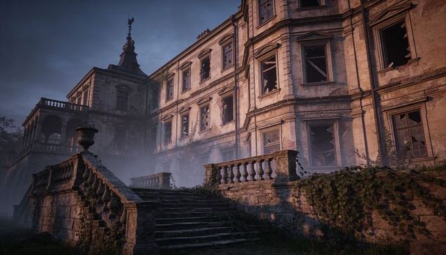 Forsaken gothic manor with mossy stone staircase and ivy-clad balustrade at dusk